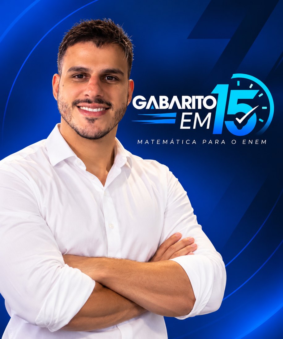 Prof. Hugo M. Alves, de camisa branca e braços cruzados, ao lado da logo Gabarito em 15